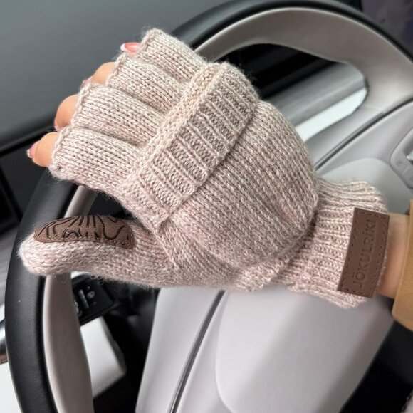 🆕Women and Men Beige Convertible Warm Wool Fingerless Gloves Flap Top Mittens - Picture 7 of 8